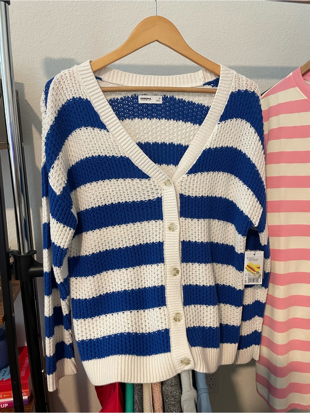 Sonoma Royal Blue & White Striped V-Neck Button Cardigan
